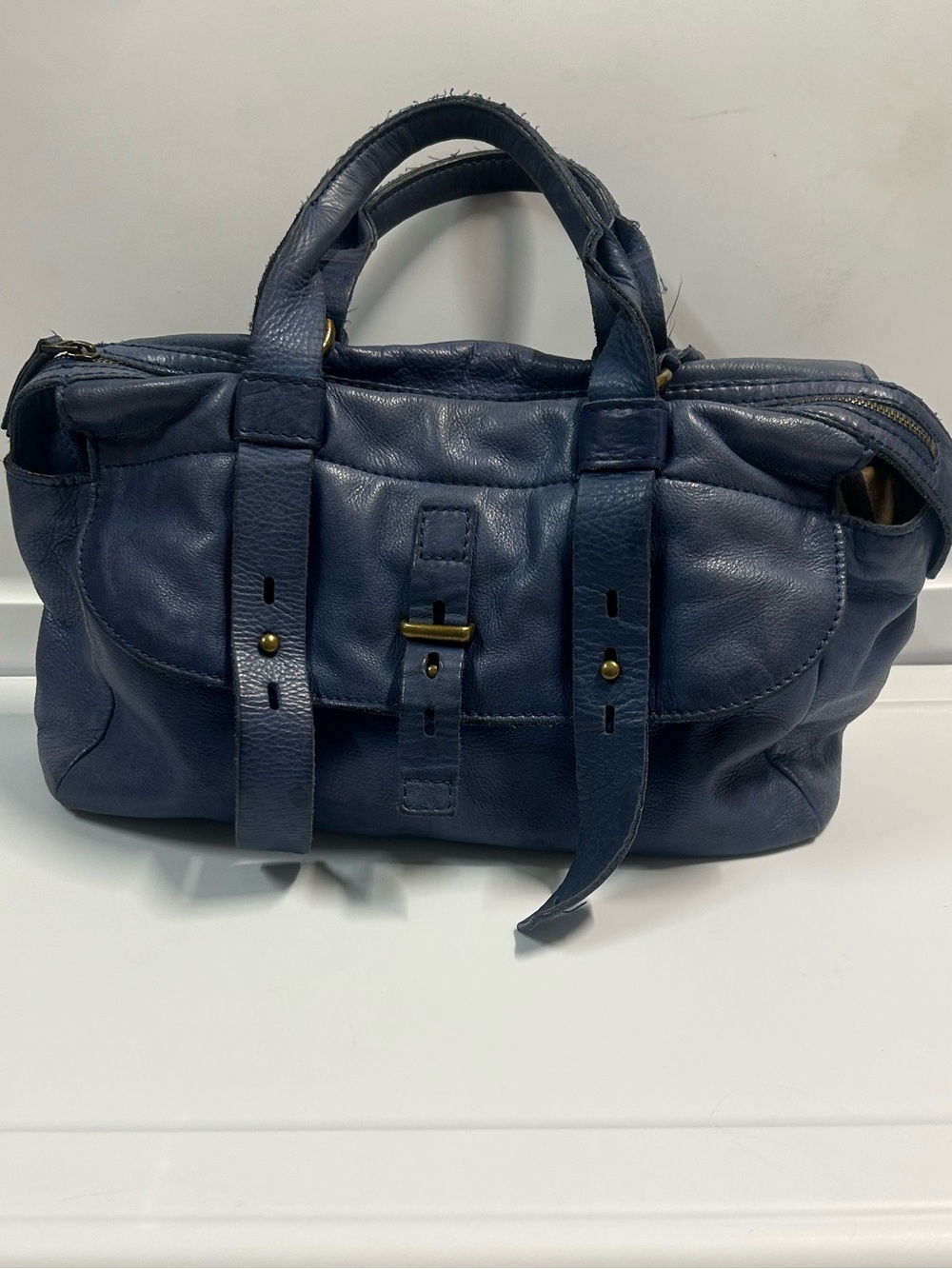 Lucky Brand Y2K Boho Blue Leather Satchel Bag Purse Hippie 90's Slouchy Large
